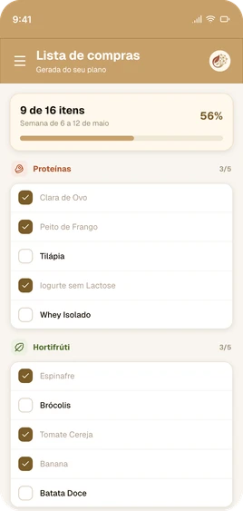 Tela de lista de compras do EF Nutry, com itens organizados por categoria e o progresso da semana.
