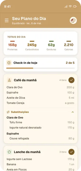 Plano alimentar do EF Nutry com as refeições e porções do dia.