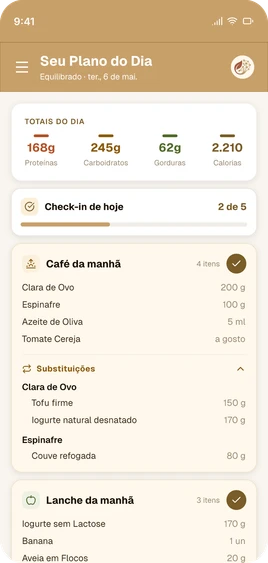 Plano alimentar do EF Nutry com as refeições e porções do dia.